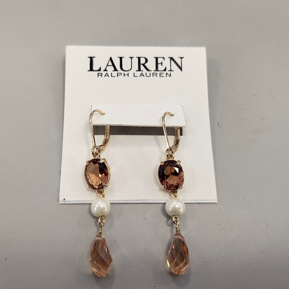 NWT Ralph Lauren Gold-Tone Pink Pearl & Rhinestone Bead Linear Drop Earrings